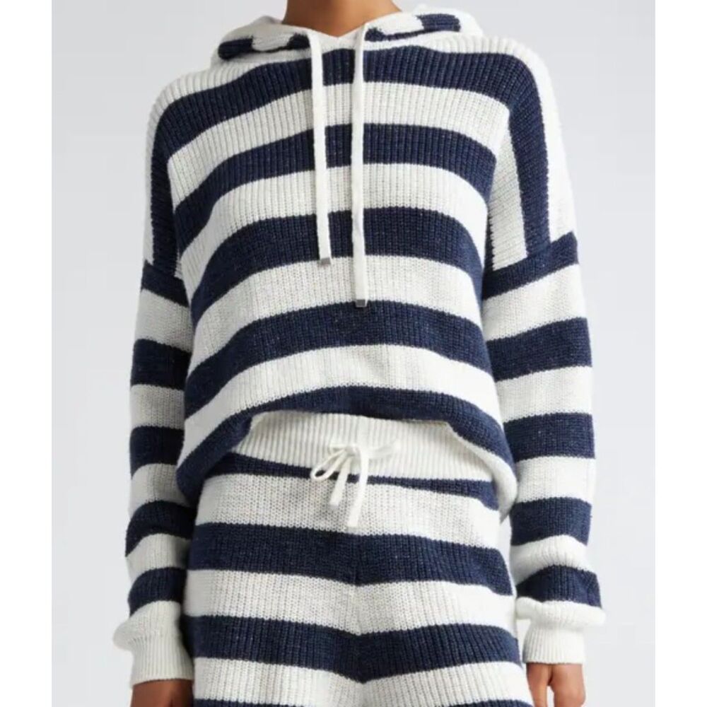 Eleventy Women's White Navy Blue Striped Cotton Linen Sweater Hoodie Size Large